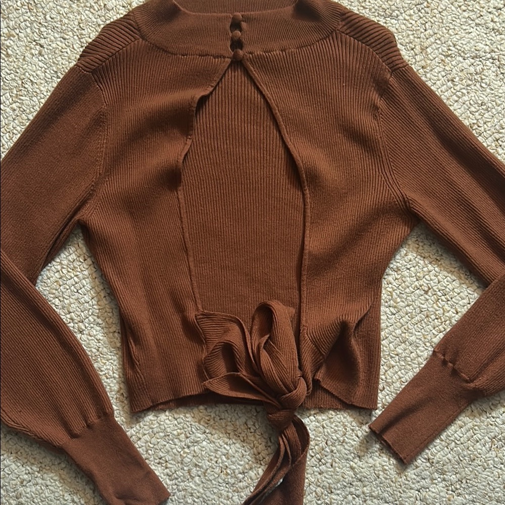 Brown Open-Back Sweater with Tie Detail